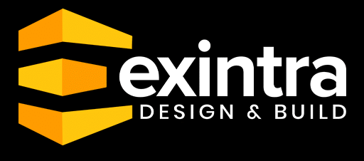 Exintra Design and Build logo with golden 3D building icon on black background